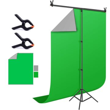 Visico T Stand with 1.5x2 Green & Grey Screen Background