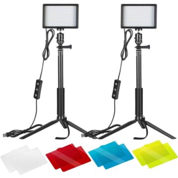 NEEWER 2 Pack Tabletop Dimmable 5600K USB LED Video Lighting with Color Filters and Tripod Stand